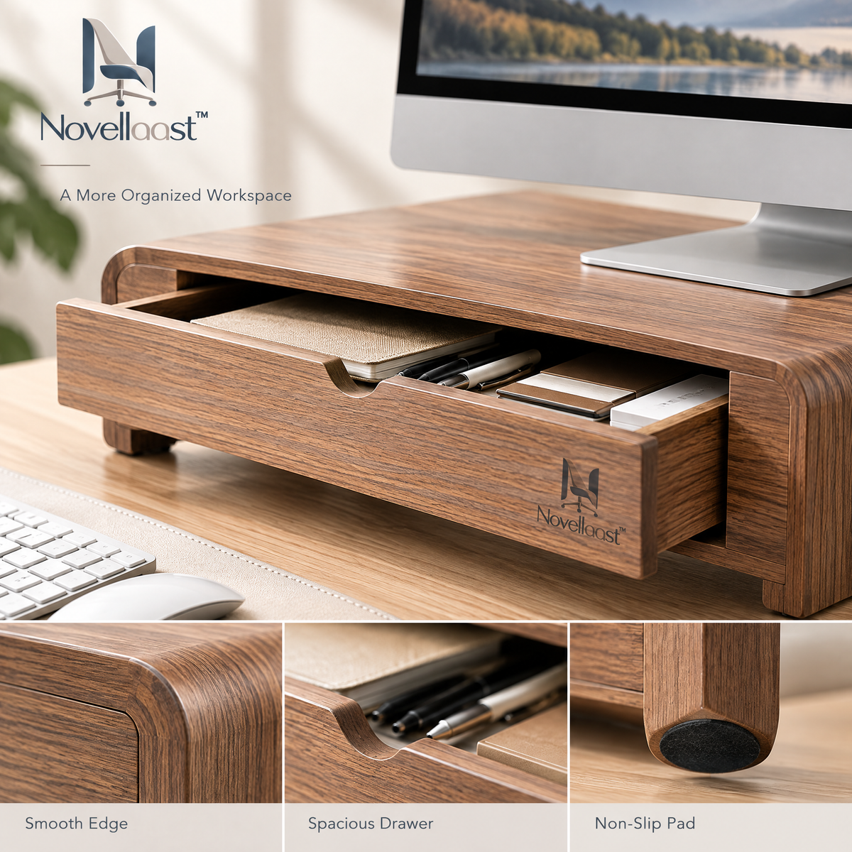Novellaast™ WoodLine Monitor Stand with Storage Drawer image 3